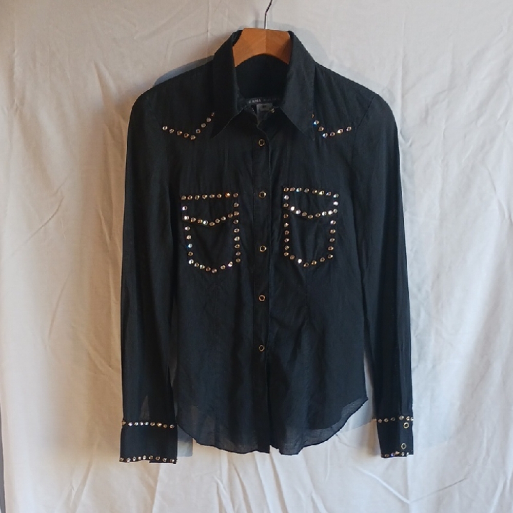 Anna Huling Black Voile, Diamond Studded Western Blouse